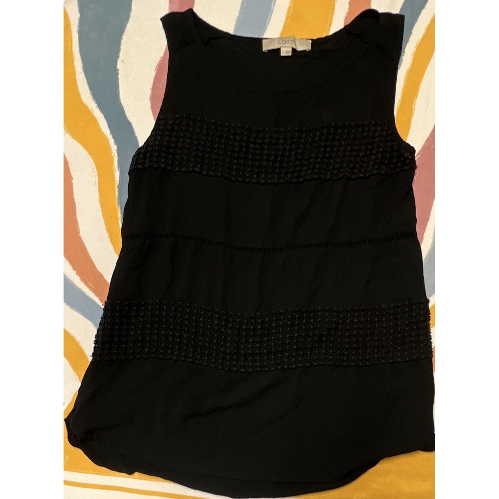 LOFT Black Sleeveless Round Neck Lace Accent Chiffon Blouse Women's Size S 02.5